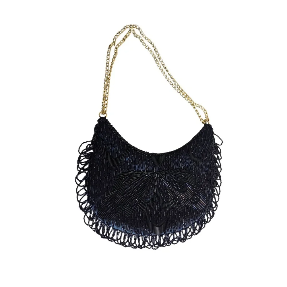 Black Beaded Vintage Purse Evening Bag Korea Double Chain Strap Lined‎ Tassels